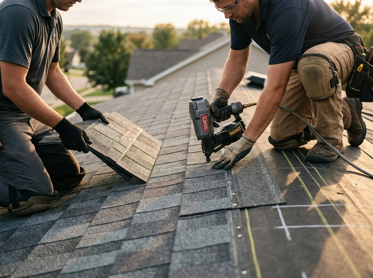 Professional roofer working on a residential roof in Brookline